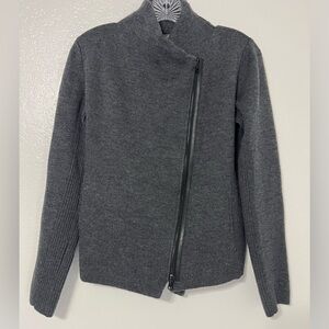 Vince Charcoal Wool Asymmetrical Moto Zip Sweater Jacket XS Leather Trim
